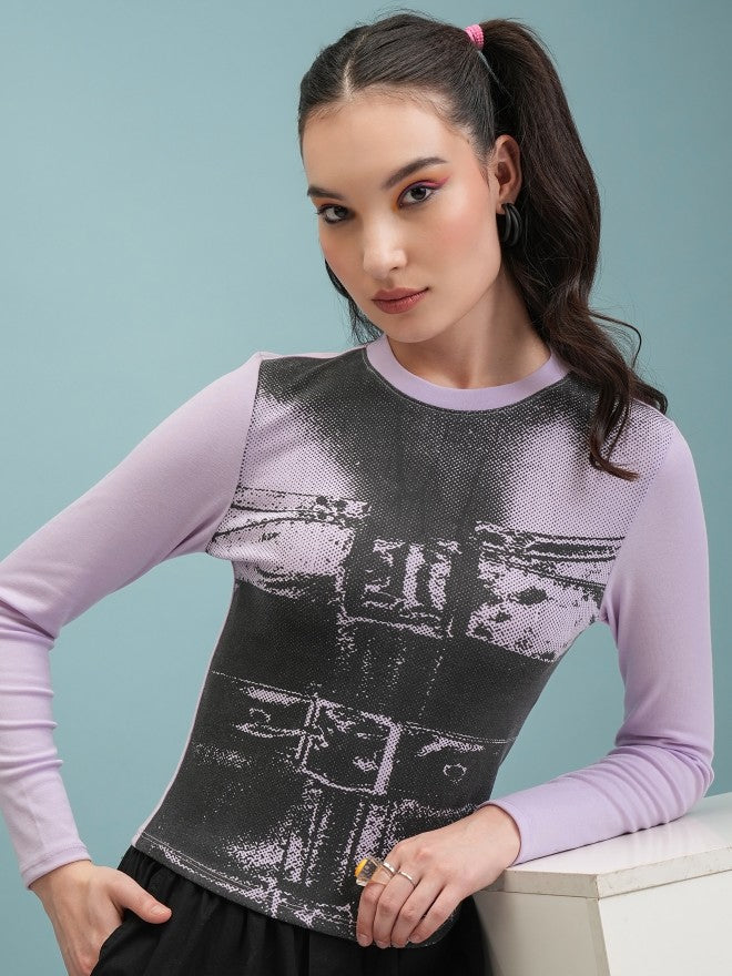 Tokyo Talkies Women Lavender Printed Fitted Top - Lavender - Image 1