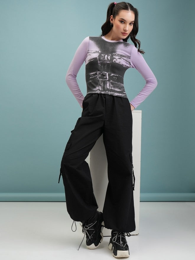 Tokyo Talkies Women Lavender Printed Fitted Top - Lavender - Image 2