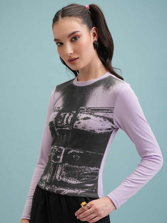 Tokyo Talkies Women Lavender Printed Fitted Top - Lavender - Image 4