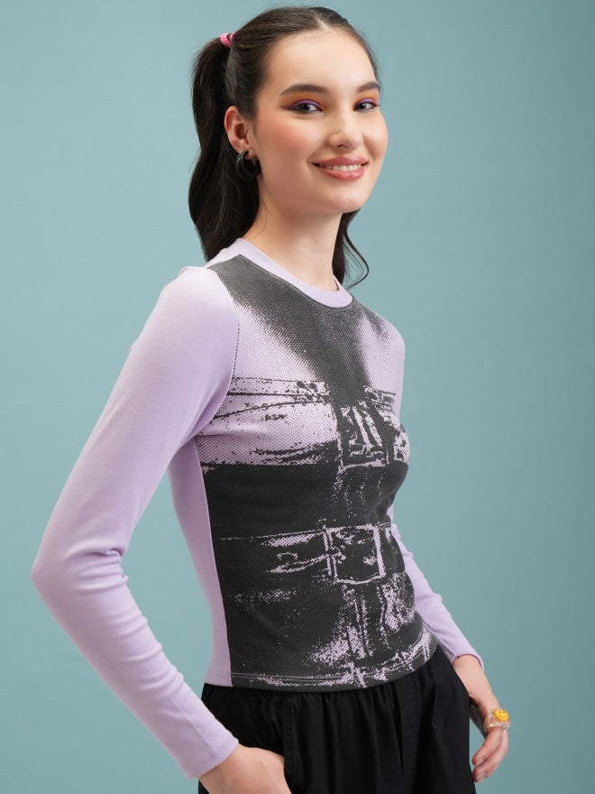 Tokyo Talkies Women Lavender Printed Fitted Top - Lavender - Image 6