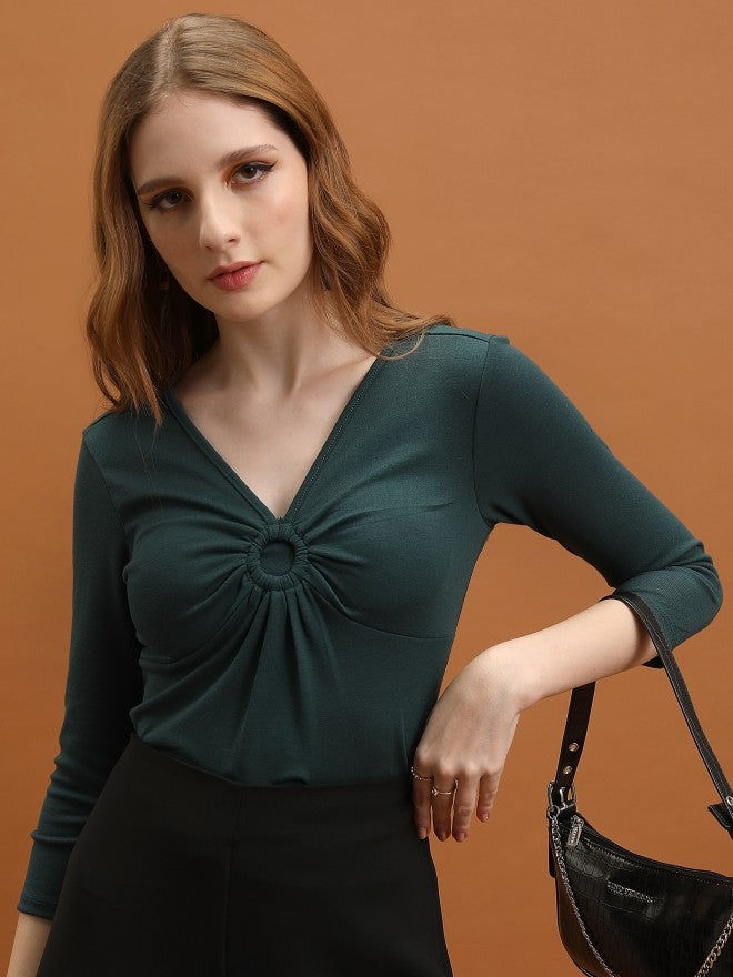 Tokyo Talkies Women Green Solid Fitted Top - Green - Image 1