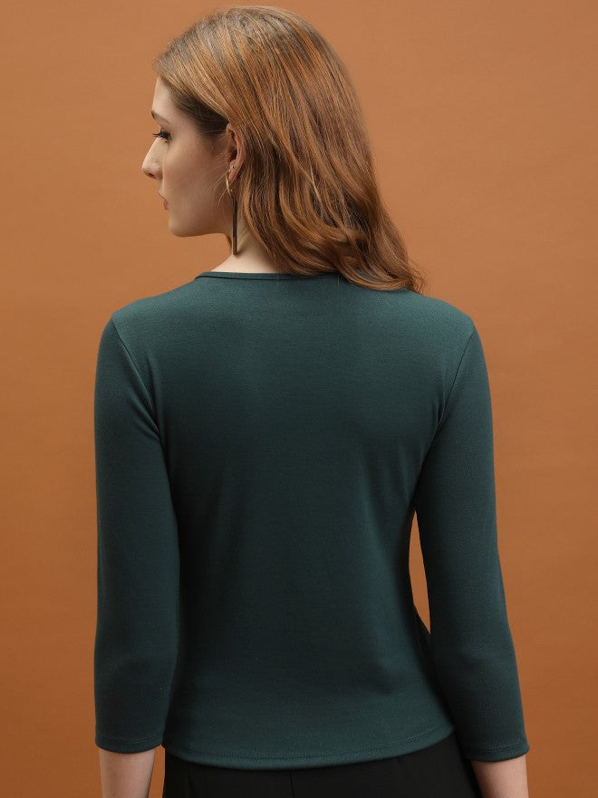 Tokyo Talkies Women Green Solid Fitted Top - Green - Image 3