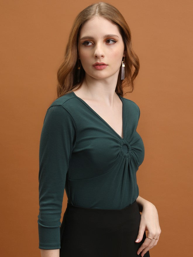 Tokyo Talkies Women Green Solid Fitted Top - Green - Image 6