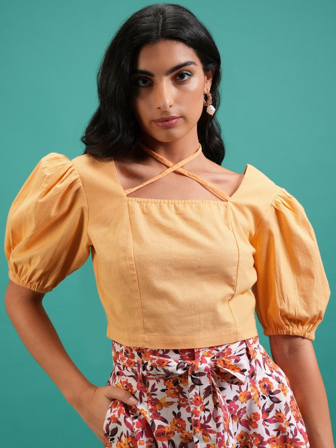 Tokyo Talkies Women Yellow Solid Regular Top - Yellow - Image 1