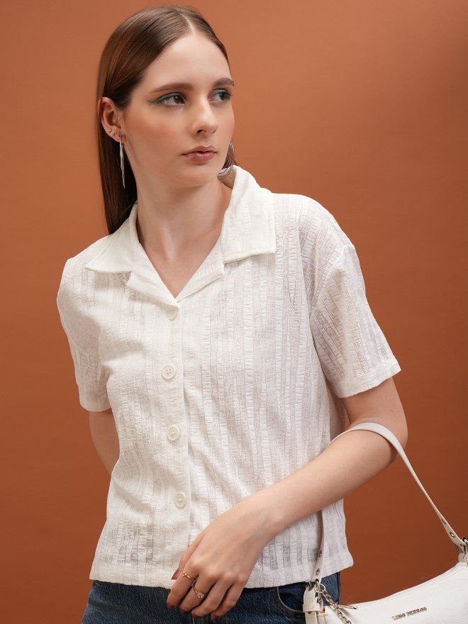 Tokyo Talkies Women White Self Design Shirt Style Top - White - Image 1