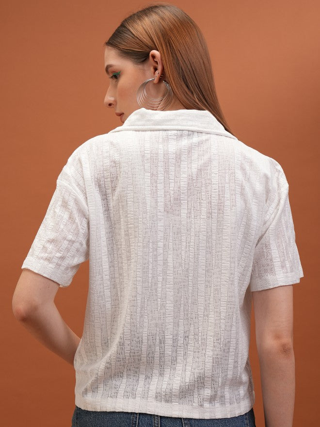 Tokyo Talkies Women White Self Design Shirt Style Top - White - Image 3