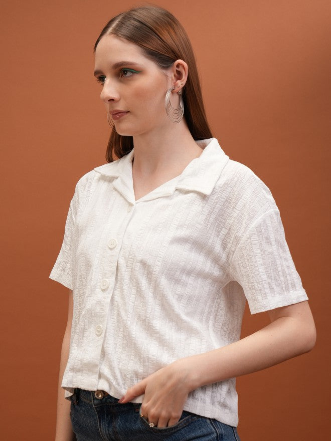 Tokyo Talkies Women White Self Design Shirt Style Top - White - Image 4