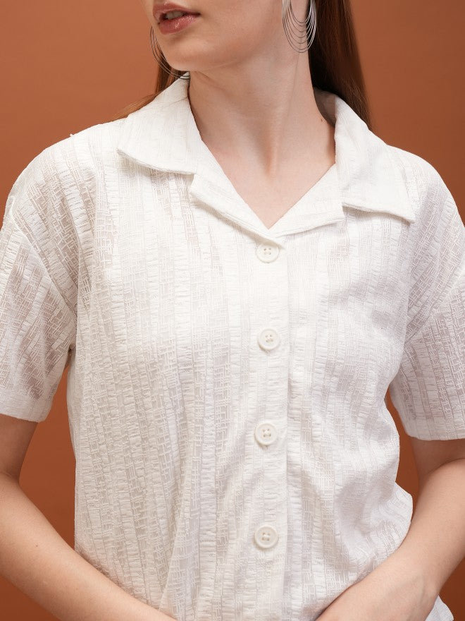 Tokyo Talkies Women White Self Design Shirt Style Top - White - Image 5
