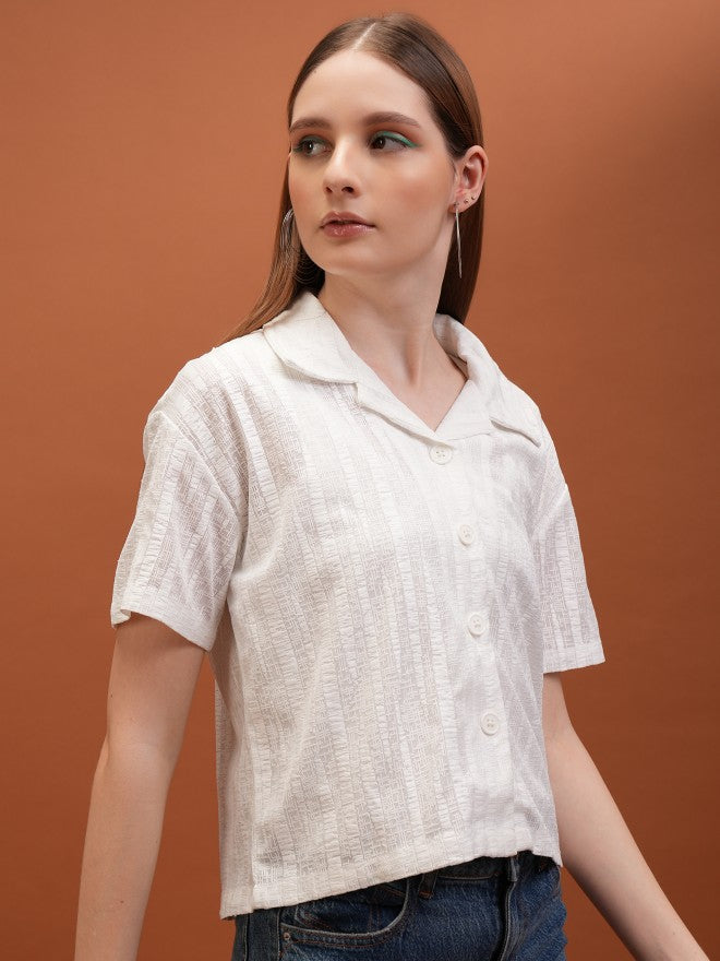 Tokyo Talkies Women White Self Design Shirt Style Top - White - Image 6