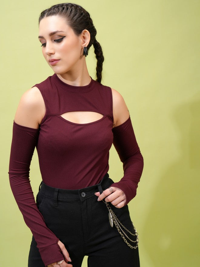 Tokyo Talkies Women Burgundy Solid Fitted Top - Burgundy - Image 1