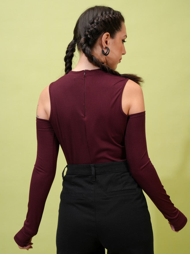Tokyo Talkies Women Burgundy Solid Fitted Top - Burgundy - Image 3