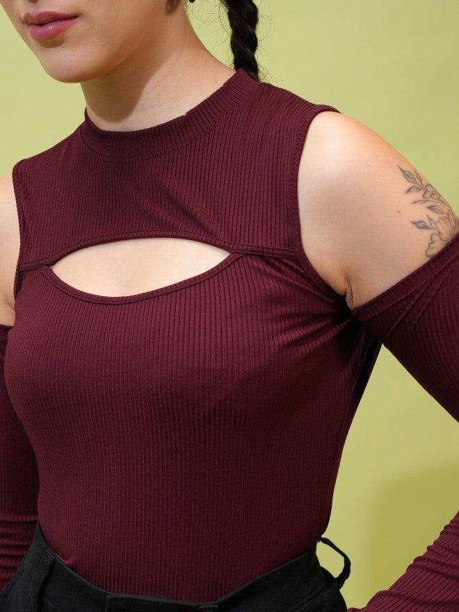 Tokyo Talkies Women Burgundy Solid Fitted Top - Burgundy - Image 5