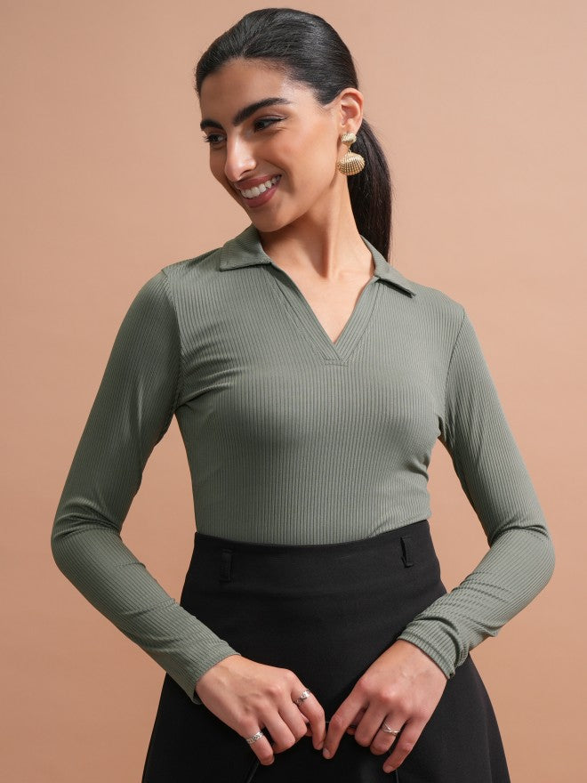 Tokyo Talkies Women Olive Solid Fitted Top - Olive - Image 1