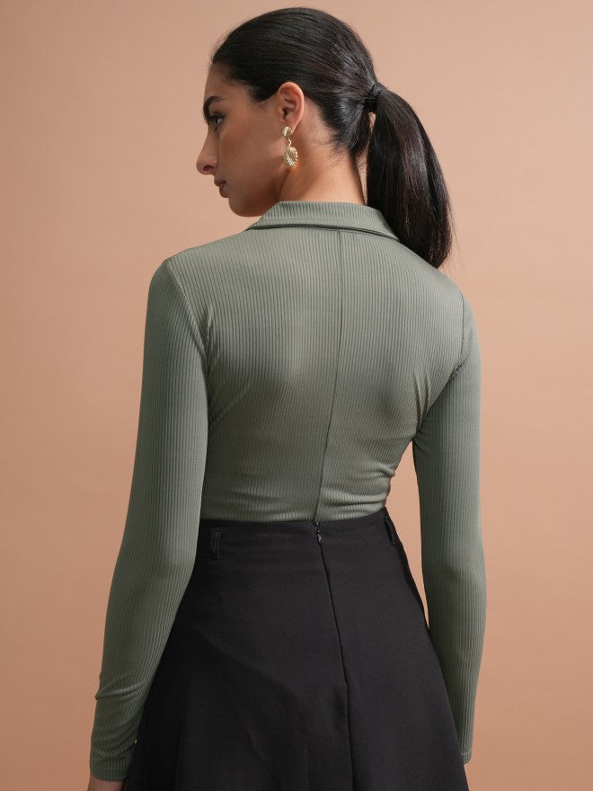 Tokyo Talkies Women Olive Solid Fitted Top - Olive - Image 3
