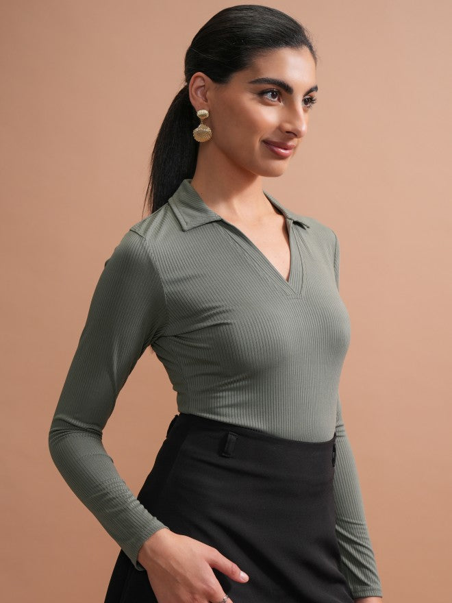 Tokyo Talkies Women Olive Solid Fitted Top - Olive - Image 6