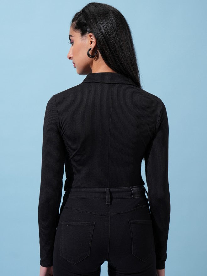 Tokyo Talkies Women Black Solid Fitted Top - Black - Image 3