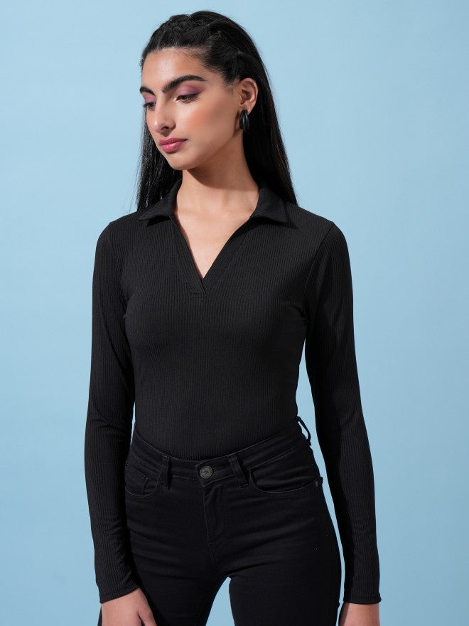 Tokyo Talkies Women Black Solid Fitted Top - Black - Image 4