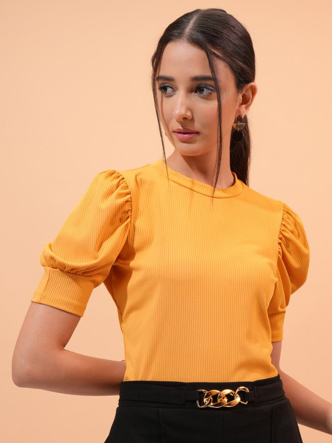 Tokyo Talkies Women Yellow Solid Regular Top - Yellow - Image 1