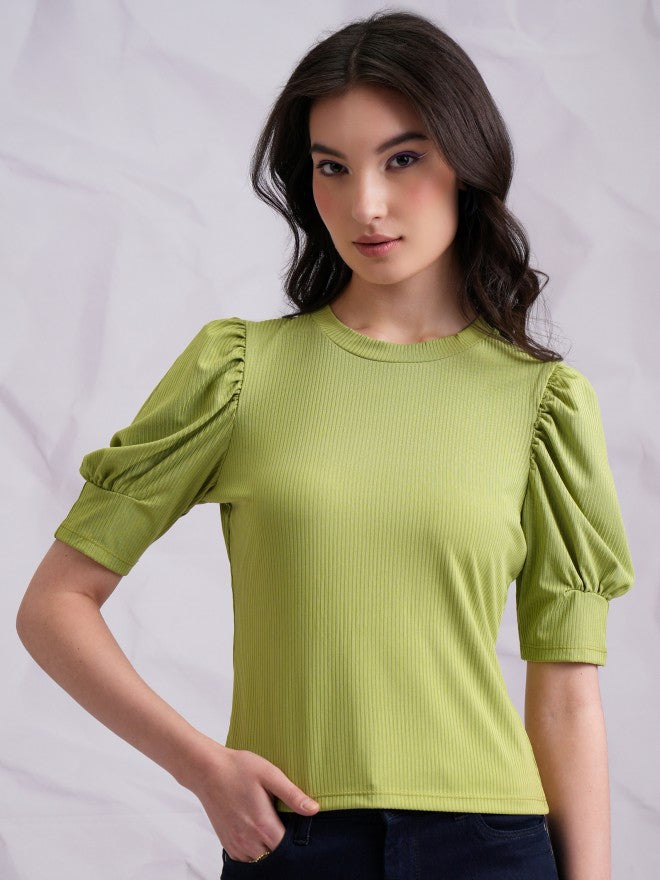 Tokyo Talkies Women Green Solid Fitted Top - Green - Image 1