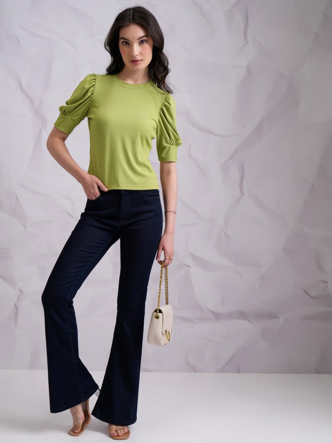 Tokyo Talkies Women Green Solid Fitted Top - Green - Image 2