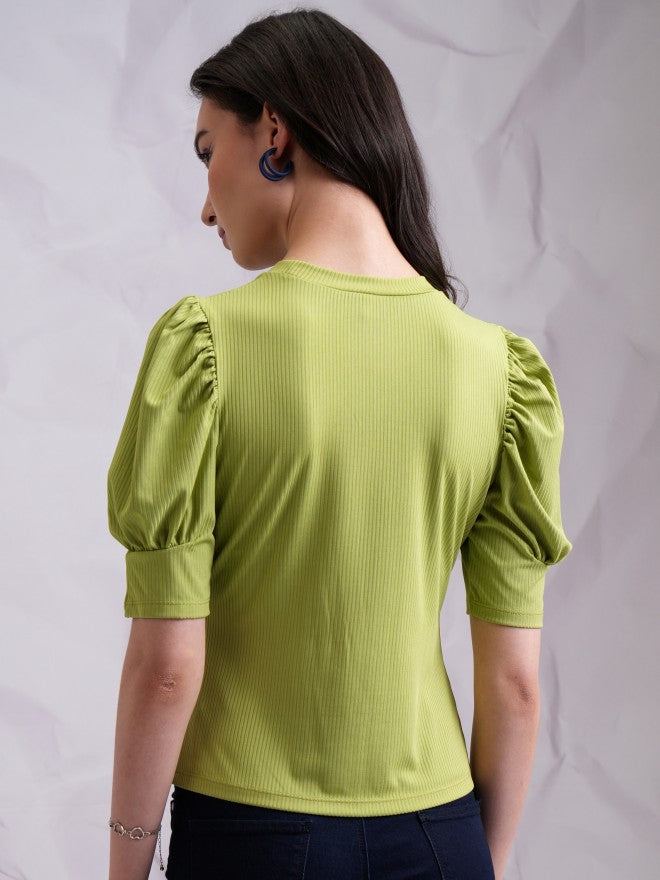 Tokyo Talkies Women Green Solid Fitted Top - Green - Image 3