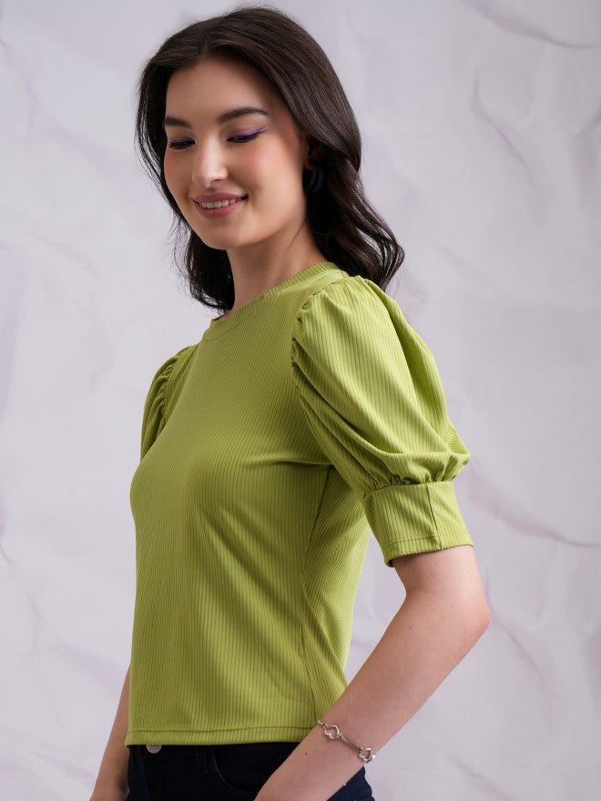 Tokyo Talkies Women Green Solid Fitted Top - Green - Image 4