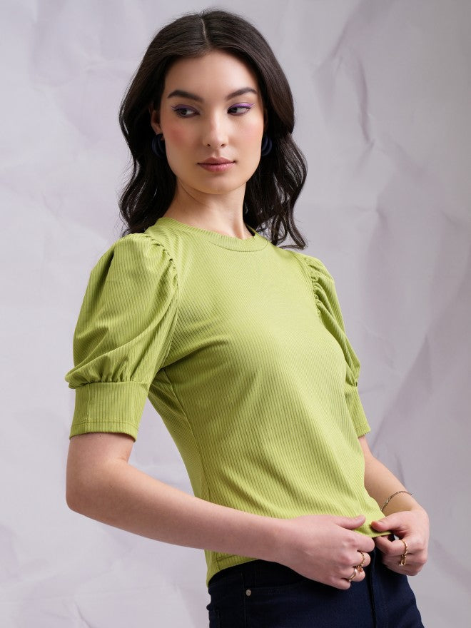 Tokyo Talkies Women Green Solid Fitted Top - Green - Image 6