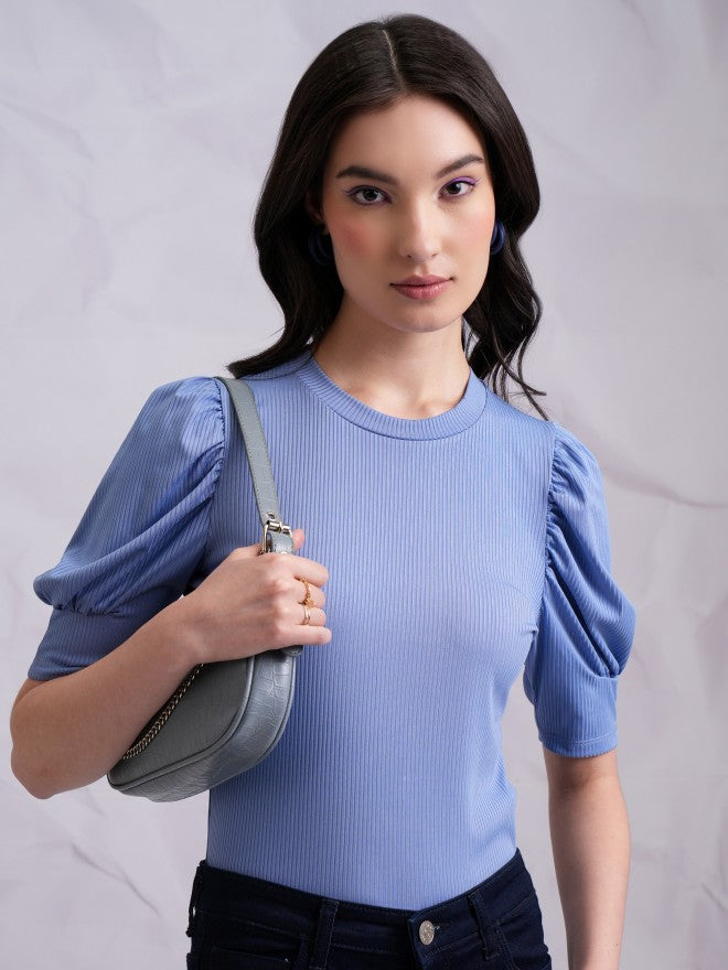 Tokyo Talkies Women Blue Solid Fitted Top - Blue - Image 1