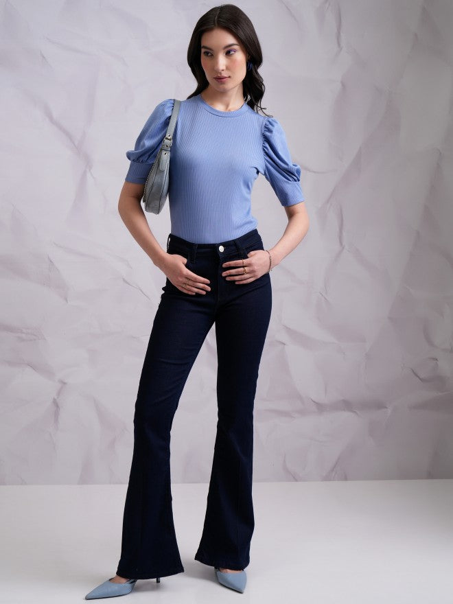 Tokyo Talkies Women Blue Solid Fitted Top - Blue - Image 2