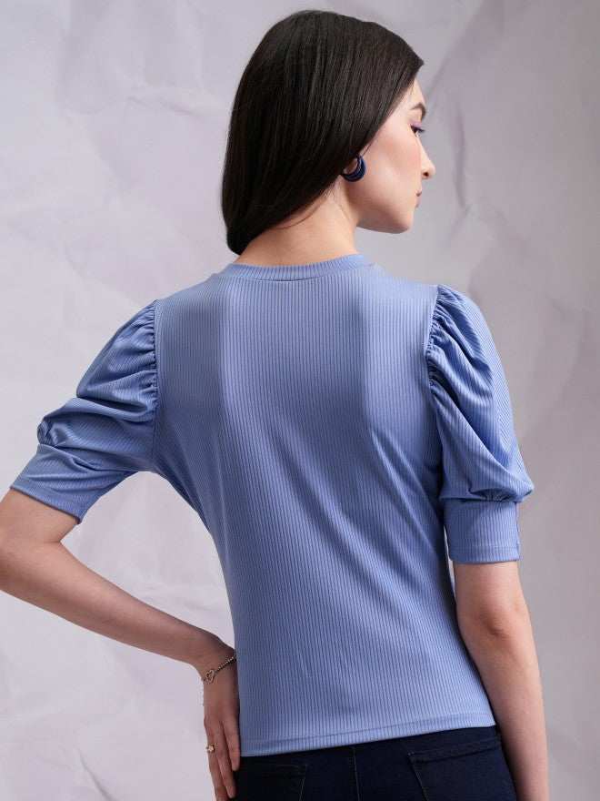 Tokyo Talkies Women Blue Solid Fitted Top - Blue - Image 3