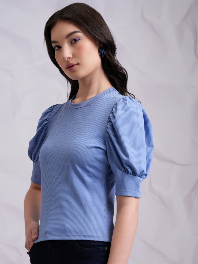 Tokyo Talkies Women Blue Solid Fitted Top - Blue - Image 4