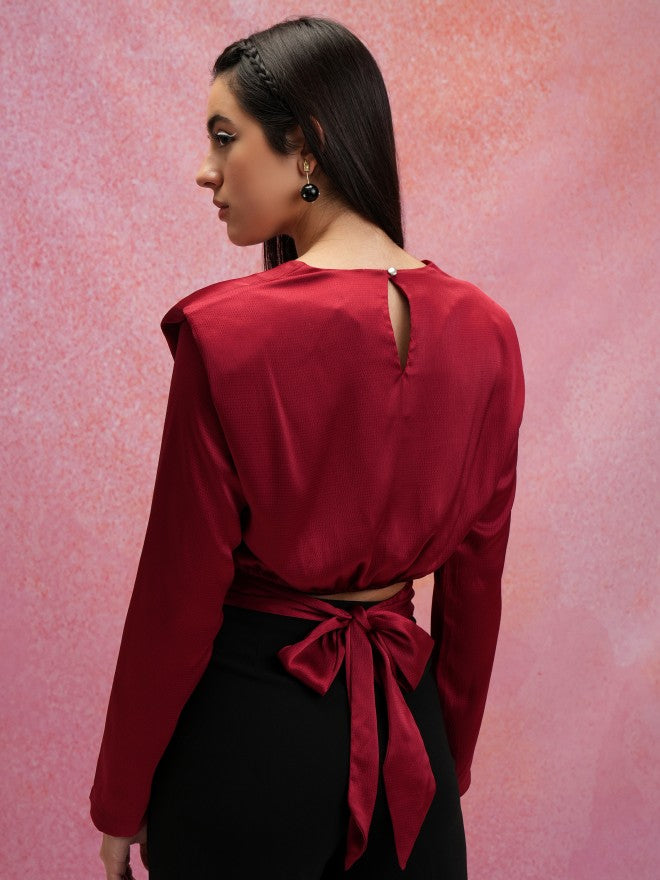 Tokyo Talkies Women Maroon Solid Regular Top - Maroon - Image 3
