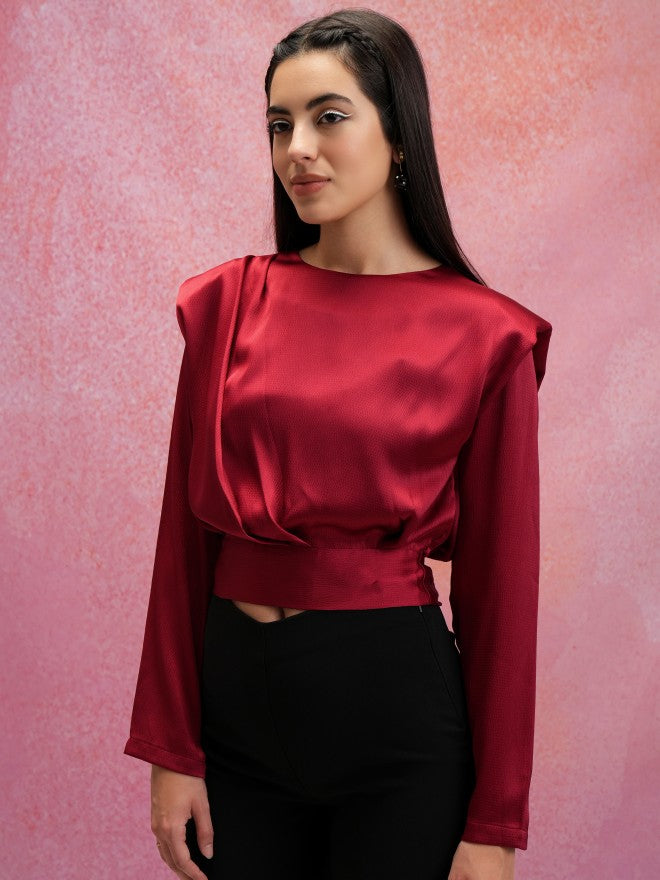 Tokyo Talkies Women Maroon Solid Regular Top - Maroon - Image 4