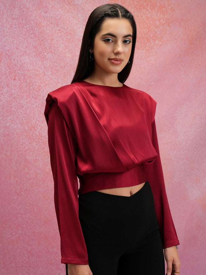Tokyo Talkies Women Maroon Solid Regular Top - Maroon - Image 6