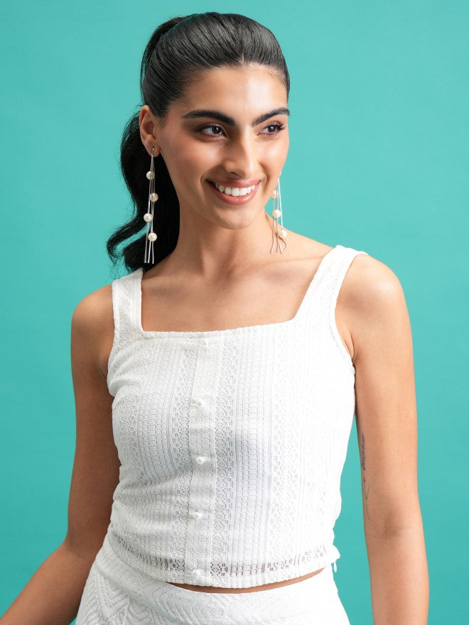 Tokyo Talkies Women White Self Design Fitted Top - White - Image 1