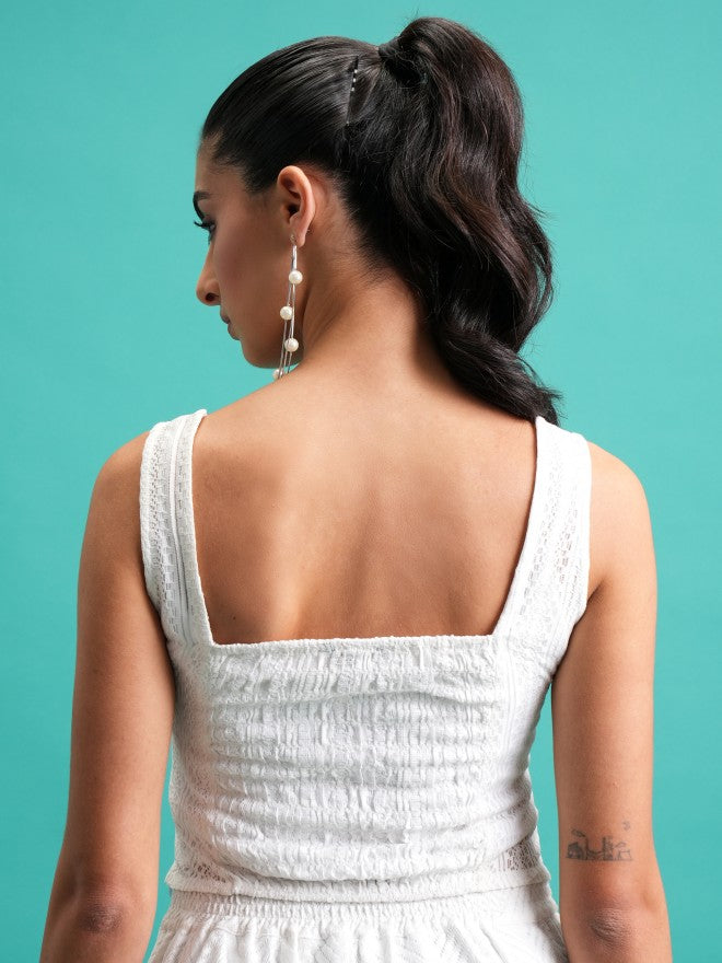 Tokyo Talkies Women White Self Design Fitted Top - White - Image 3