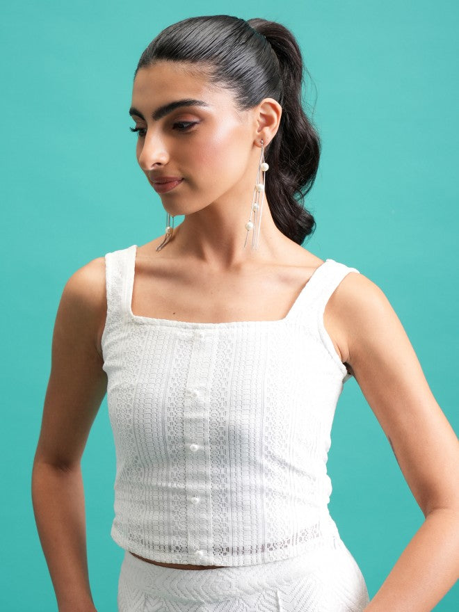 Tokyo Talkies Women White Self Design Fitted Top - White - Image 4