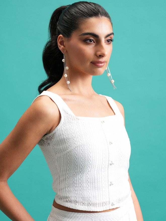 Tokyo Talkies Women White Self Design Fitted Top - White - Image 6