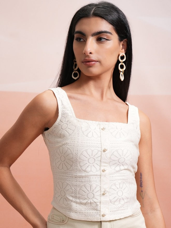 Tokyo Talkies Women Off White Self Design Regular Top - Off White - Image 1