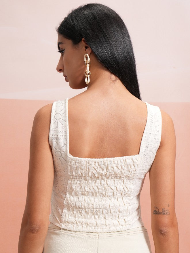 Tokyo Talkies Women Off White Self Design Regular Top - Off White - Image 3