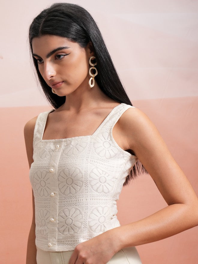 Tokyo Talkies Women Off White Self Design Regular Top - Off White - Image 4