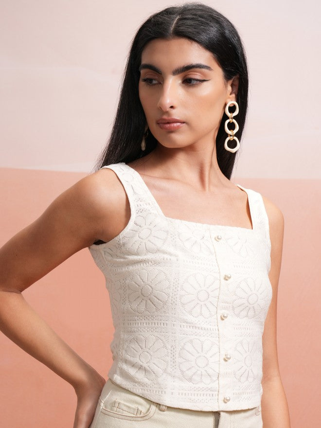 Tokyo Talkies Women Off White Self Design Regular Top - Off White - Image 6