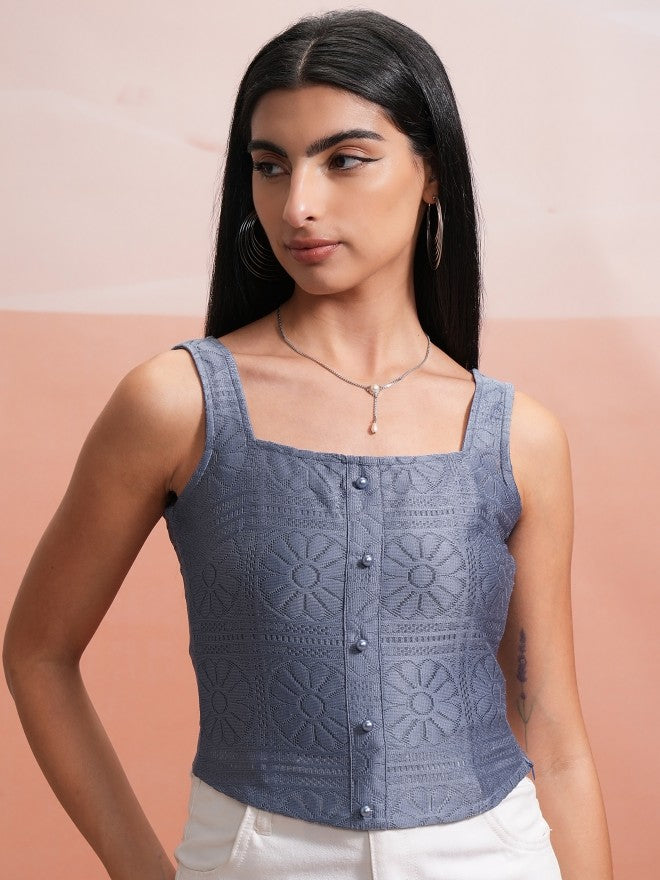 Tokyo Talkies Women Blue Self Design Regular Top - Blue - Image 1