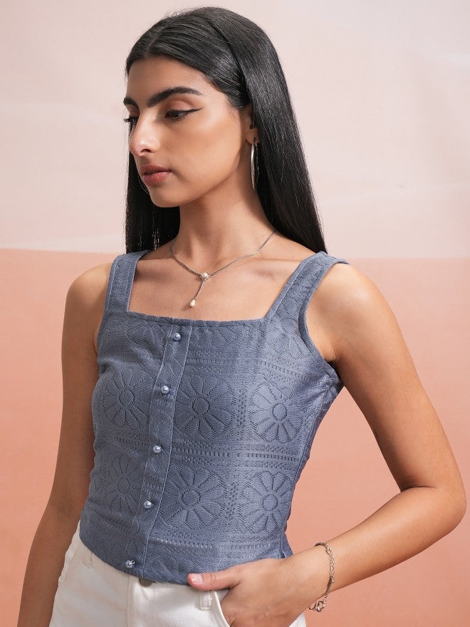 Tokyo Talkies Women Blue Self Design Regular Top - Blue - Image 4