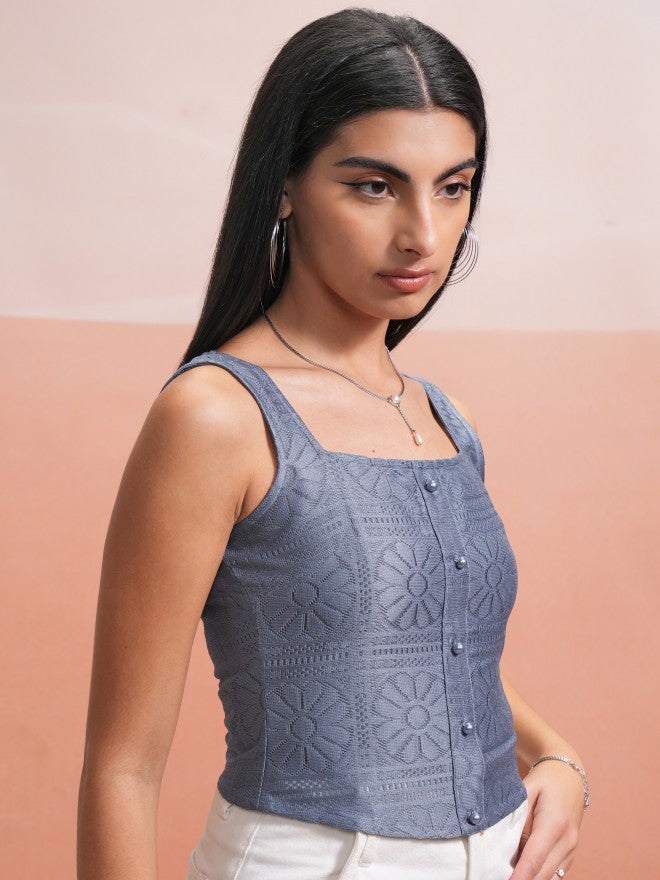 Tokyo Talkies Women Blue Self Design Regular Top - Blue - Image 6