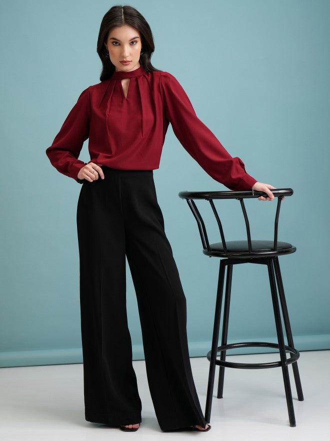 Tokyo Talkies Women Maroon Solid Blouson Top - Maroon - Image 2
