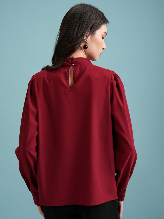 Tokyo Talkies Women Maroon Solid Blouson Top - Maroon - Image 3