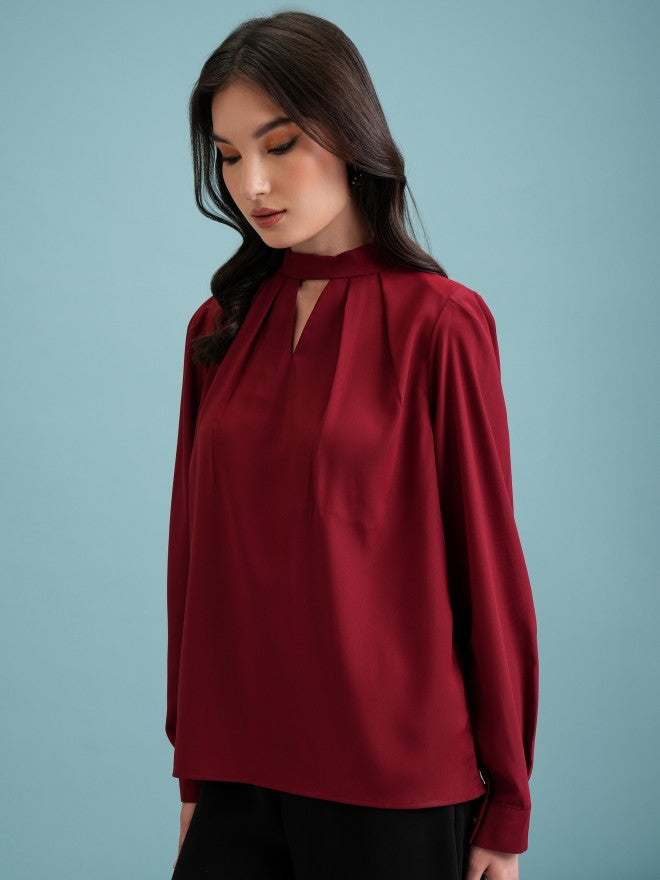 Tokyo Talkies Women Maroon Solid Blouson Top - Maroon - Image 4
