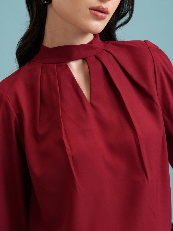 Tokyo Talkies Women Maroon Solid Blouson Top - Maroon - Image 5