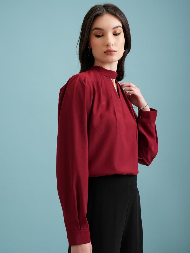 Tokyo Talkies Women Maroon Solid Blouson Top - Maroon - Image 6
